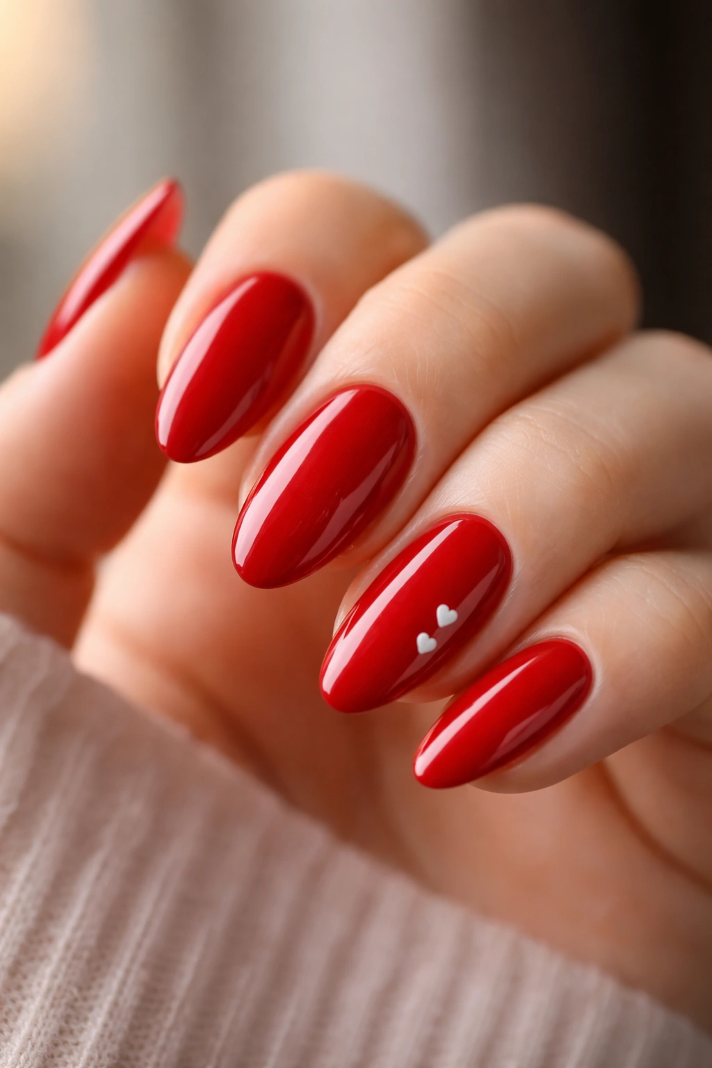 Almond nails with tiny heart art on cherry red base
