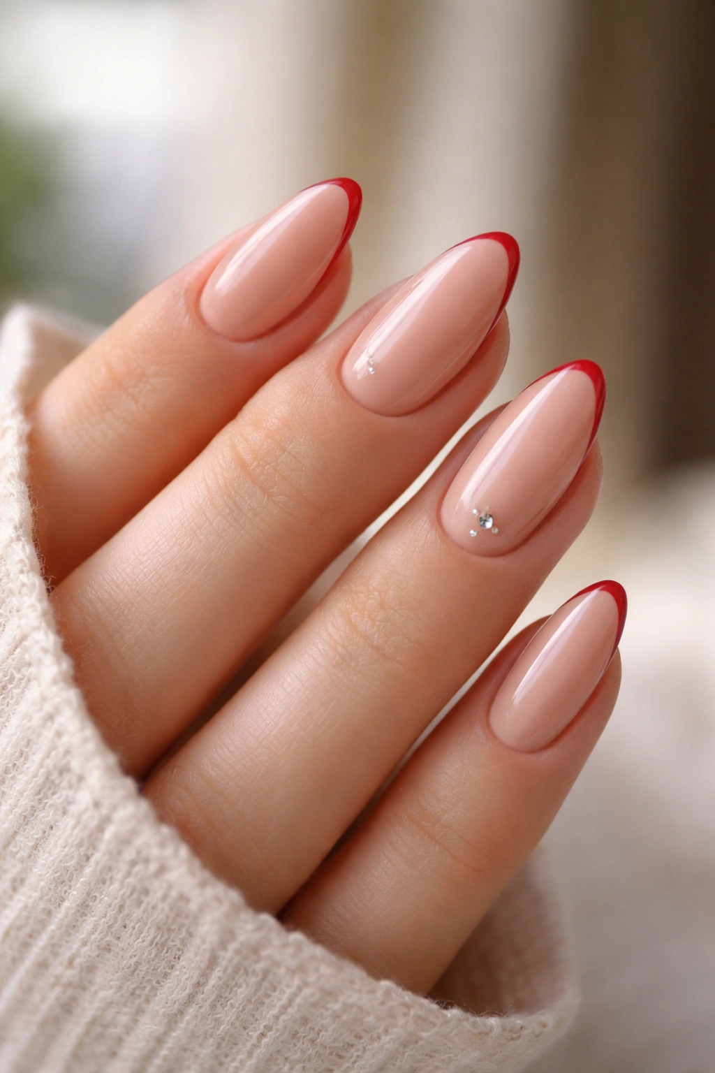 Almond nails with cherry red micro-French tips on nude base