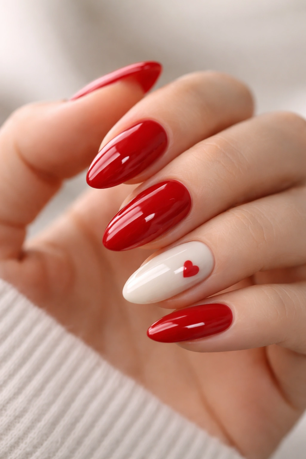 Close-up of almond nails with cherry red and milky white accents