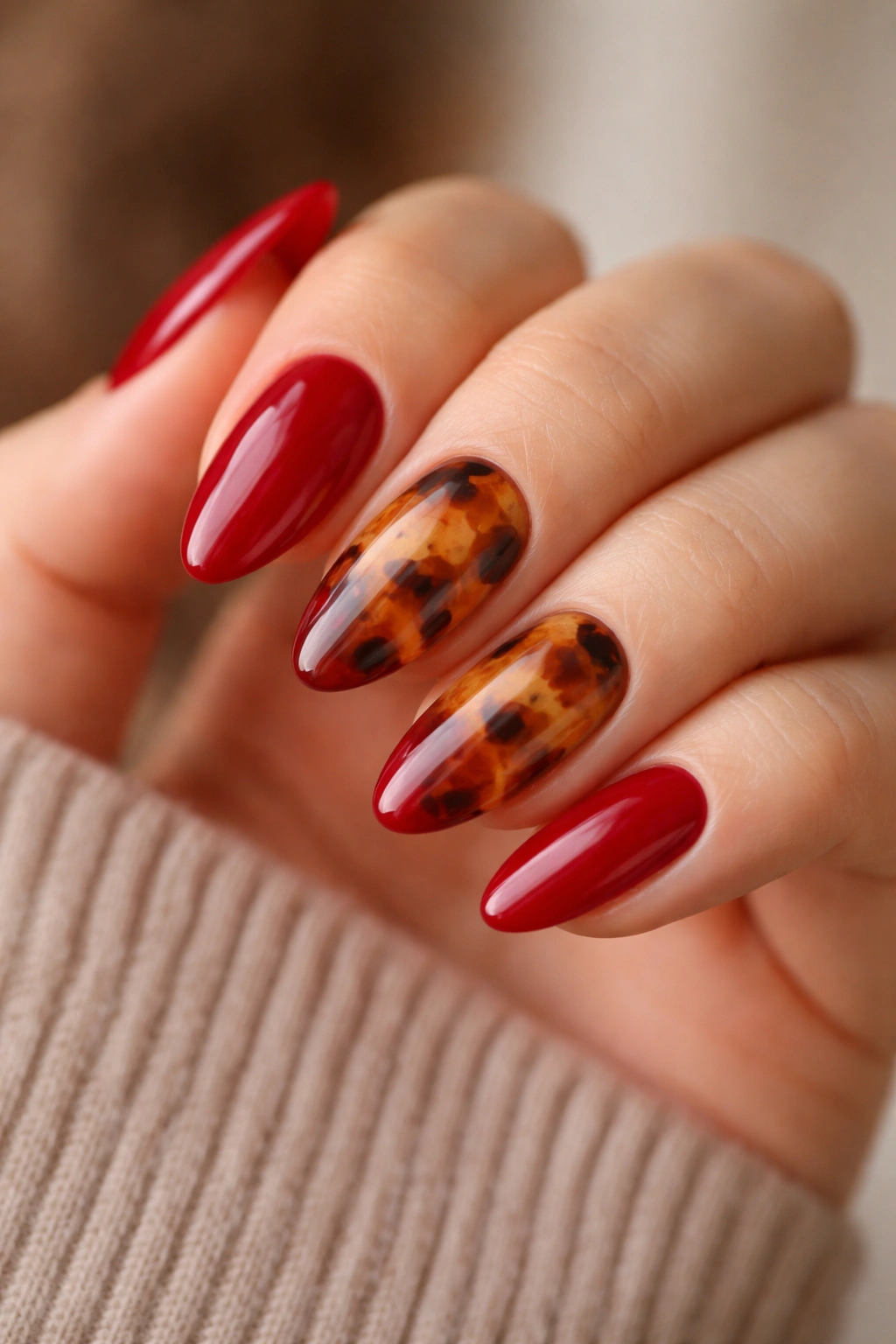 Almond nails with cherry red and tortoiseshell accents
