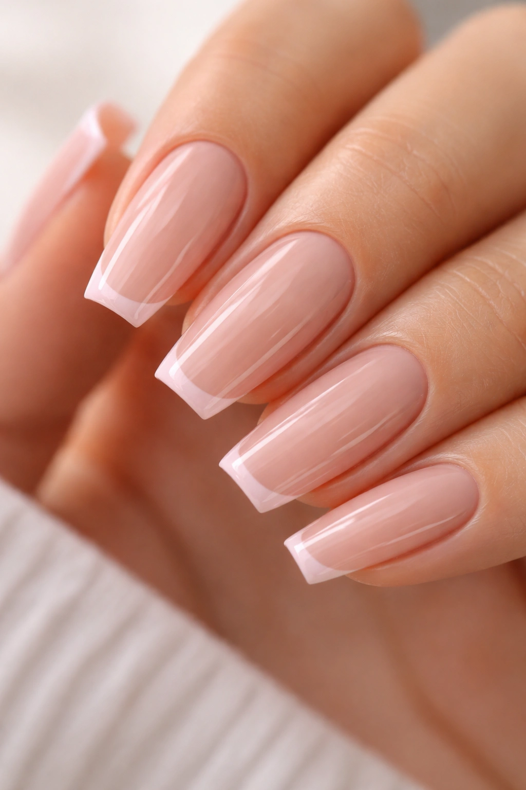 Close-up of medium coffin nails with a tiny baby pink French tip on a sheer pink base
