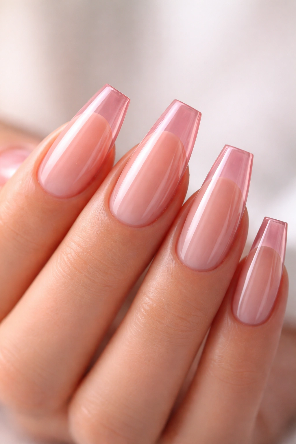 Coffin nails with translucent nude-pink base and glassy pink French tip