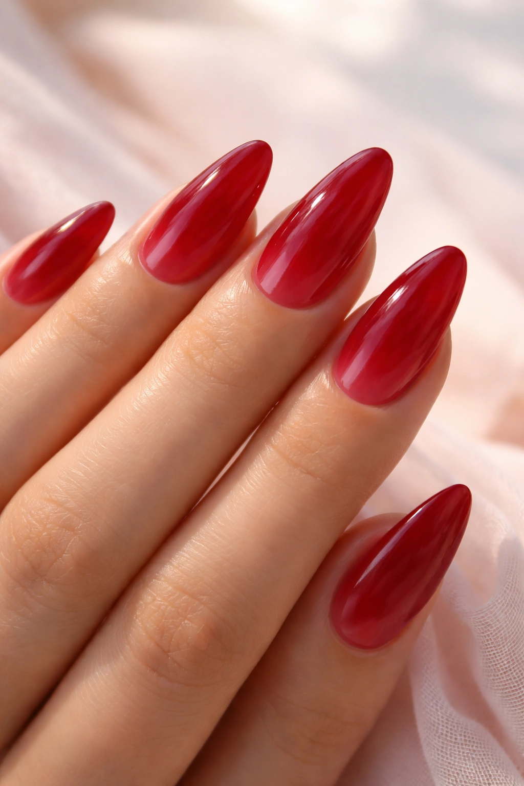 Almond nails with translucent jelly cherry red polish