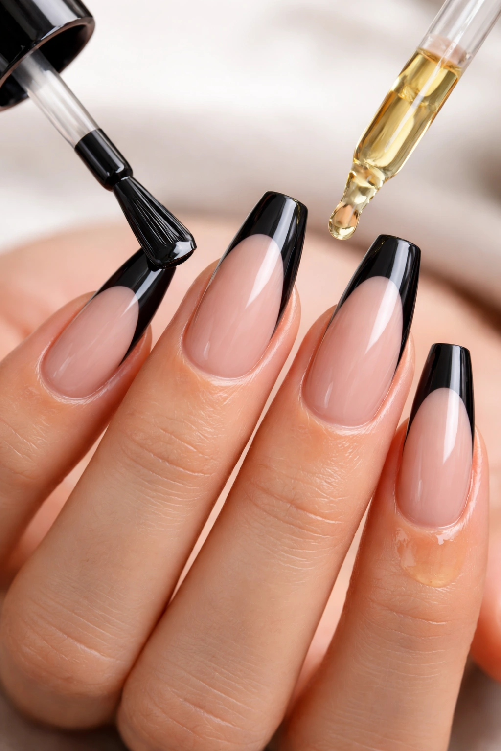 Close-up of hands with black French tip coffin nails during cuticle oil application
