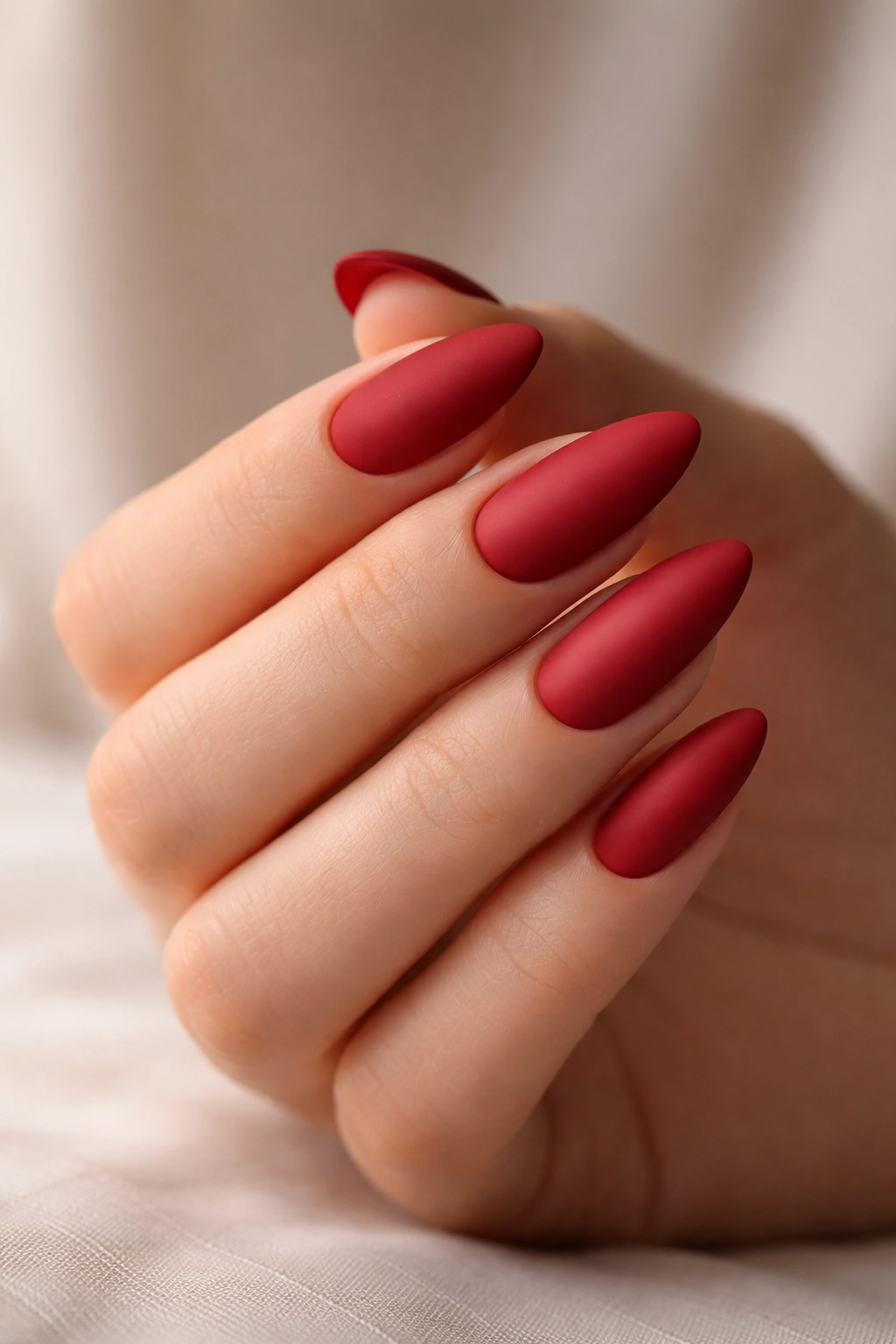 Close-up of matte cherry red almond nails