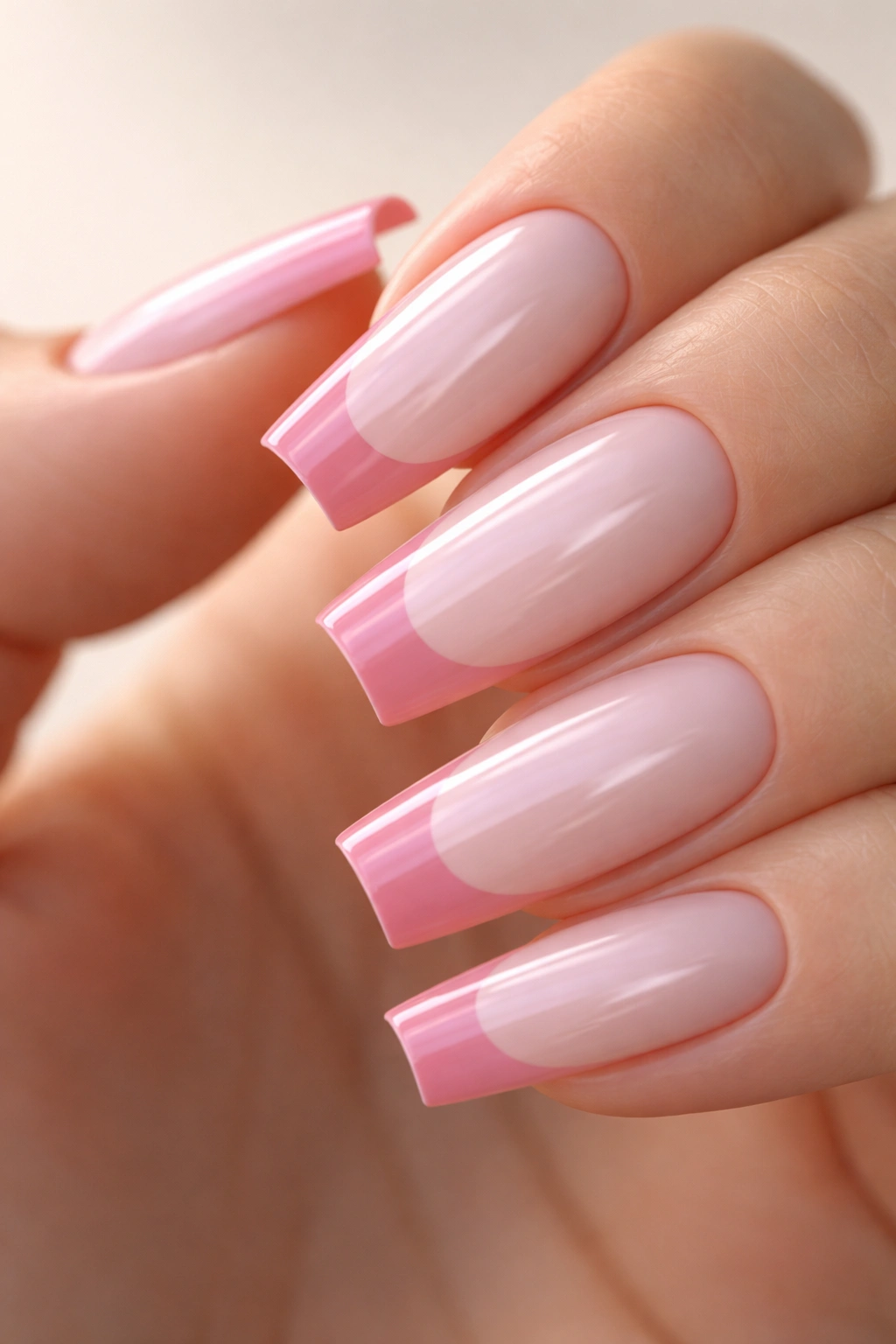 Close-up of coffin nails with milky blush base and rose pink edge