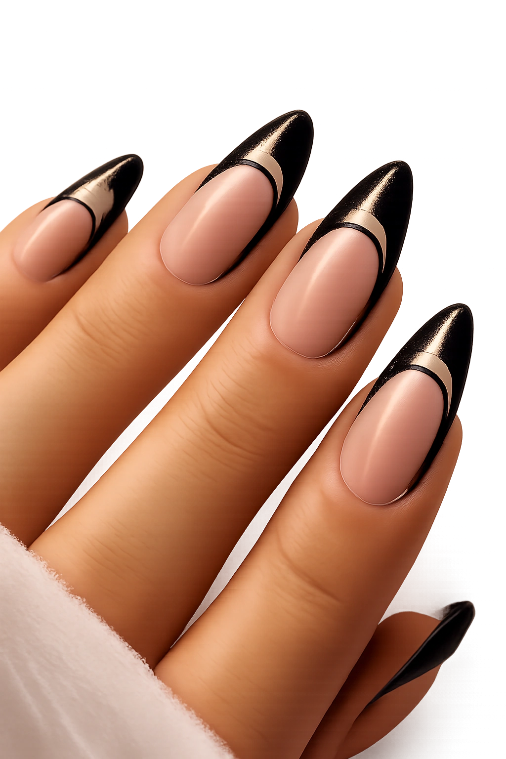 Close-up of negative-space black swoops on almond nails