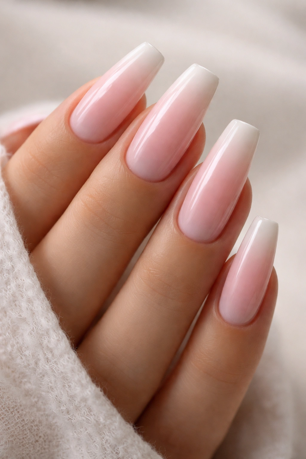 Coffin nails with soft pink ombre fade