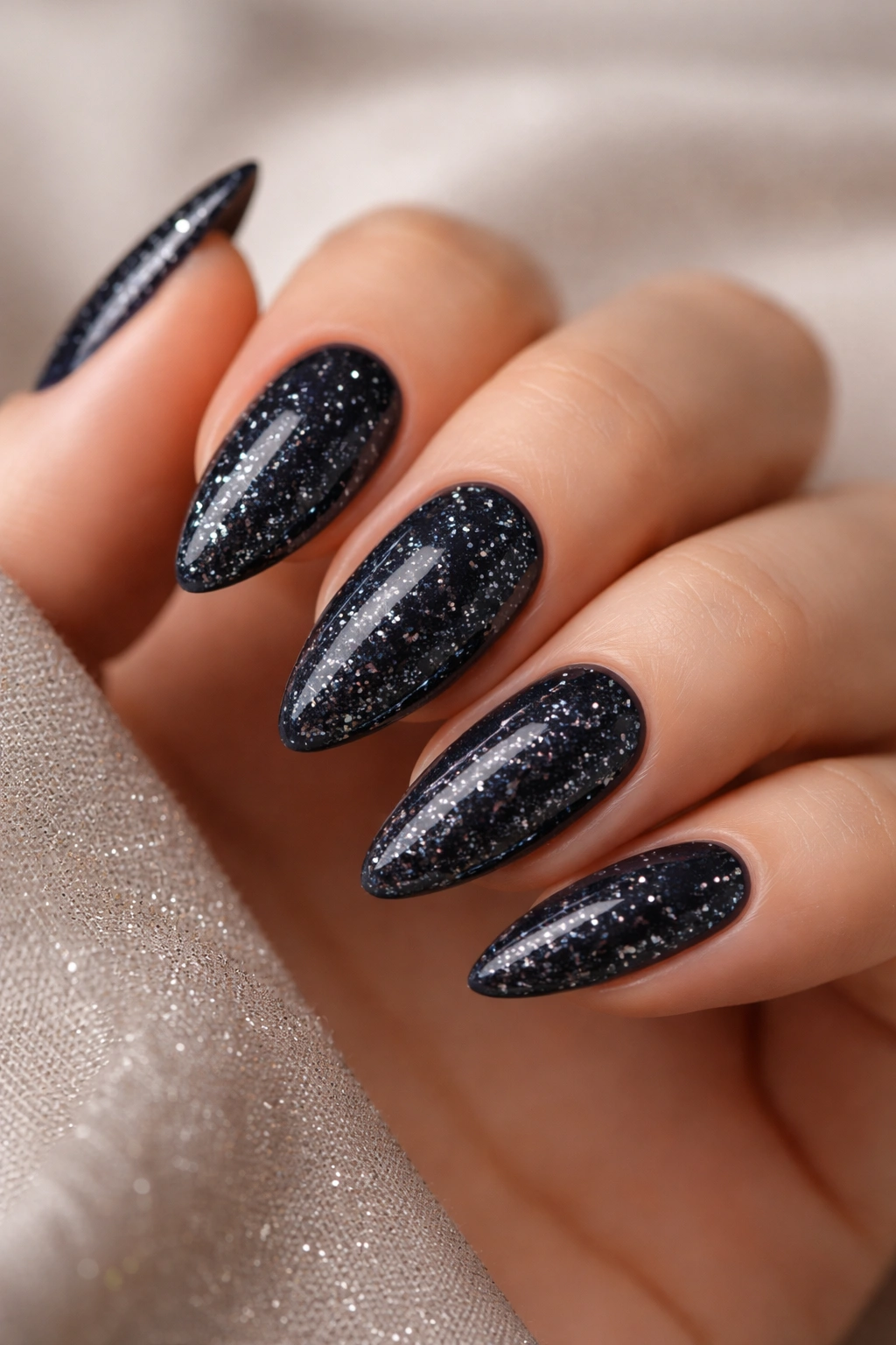 Navy almond nails with scattered silver sparkles resembling a starry sky.
