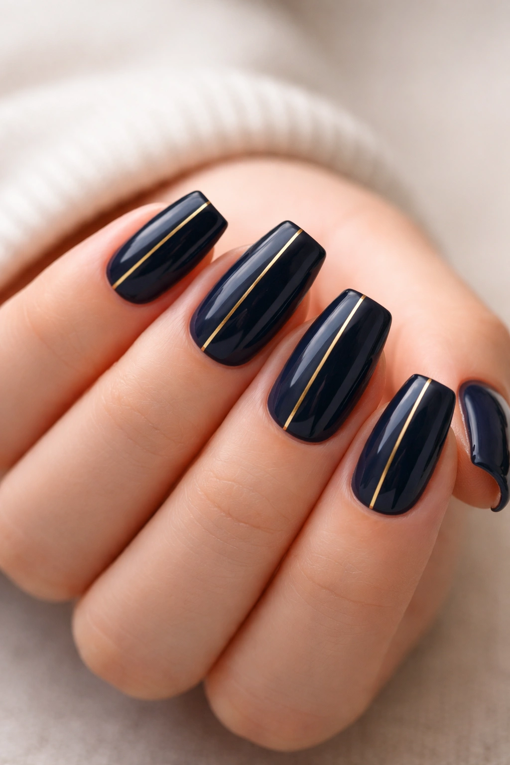 Close-up of navy coffin nails with a fine off-center gold stripe on short nails
