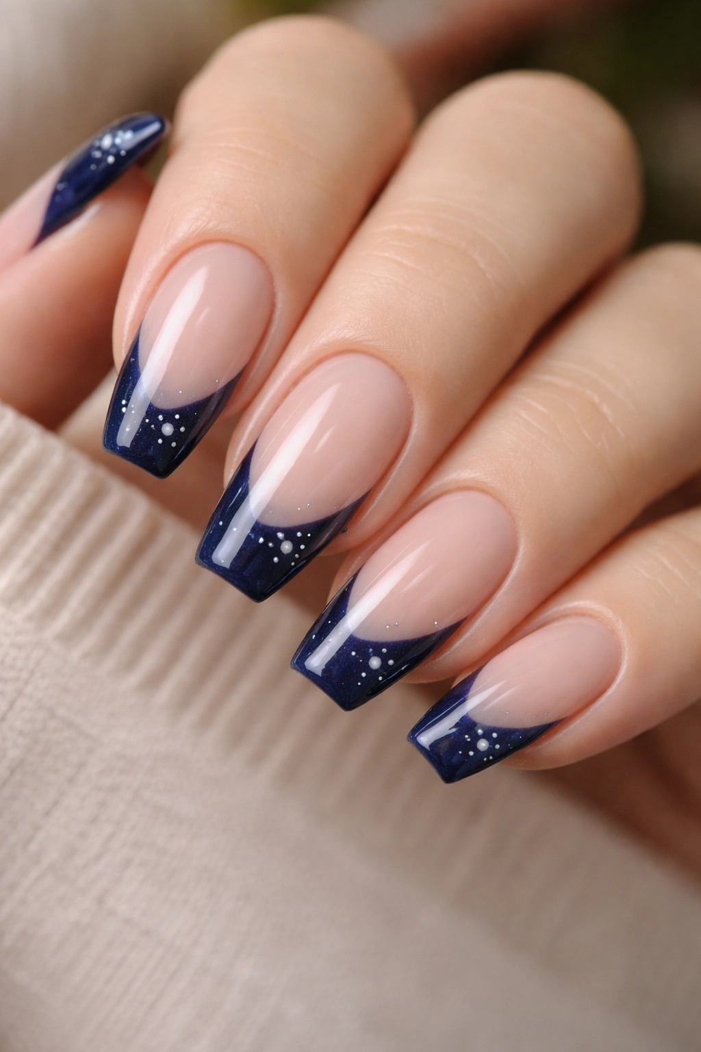 Close-up of navy coffin nails with tiny white star details on tips