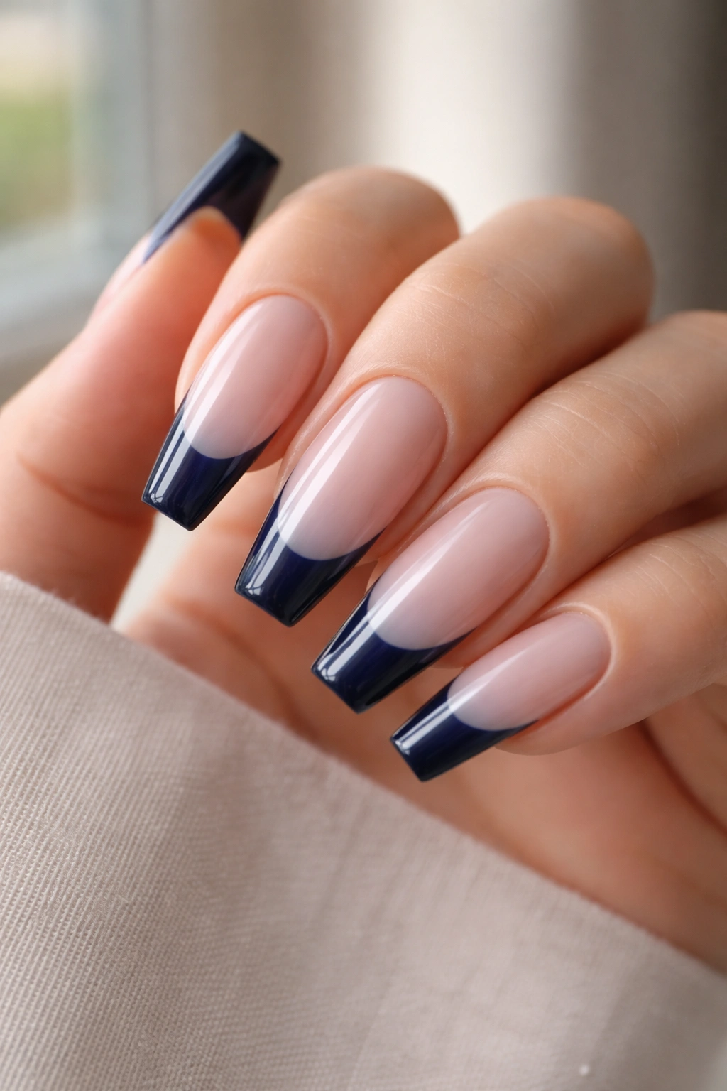 Close-up of navy French tips over a soft aura base on coffin nails, lit by natural window light