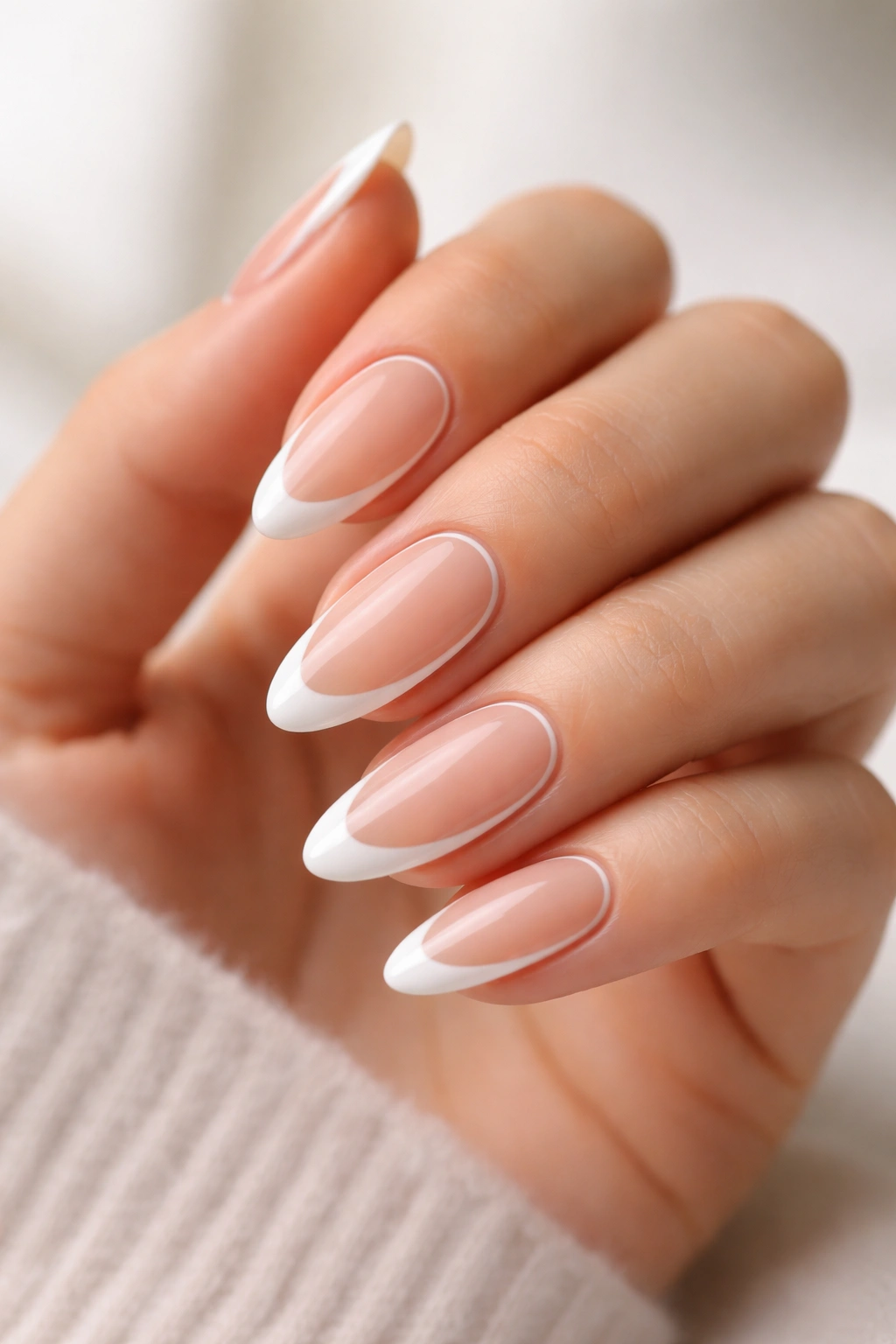 Almond nails with negative-space outline at the tip
