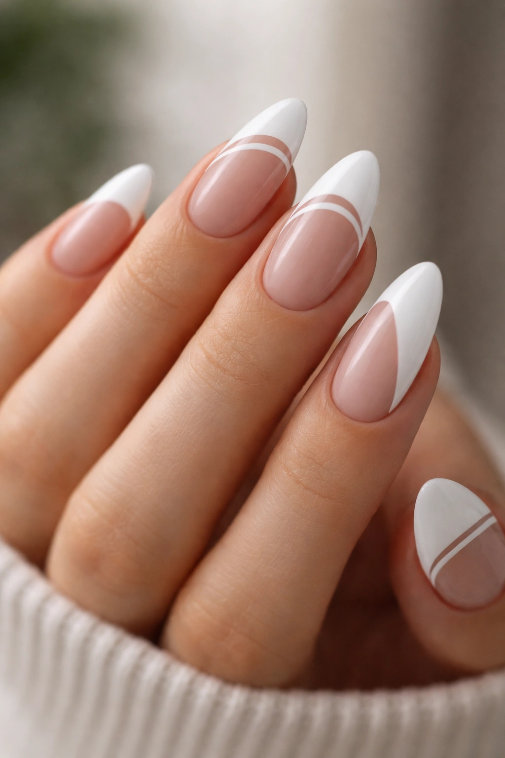 Close-up of negative space white almond nails with arc and stripe designs