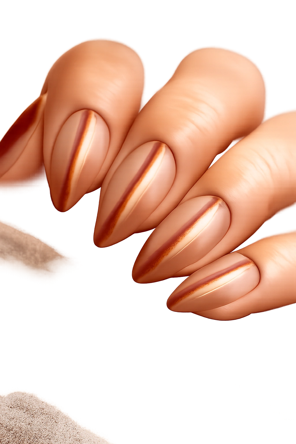 Almond nails with caramel stripe negative-space design