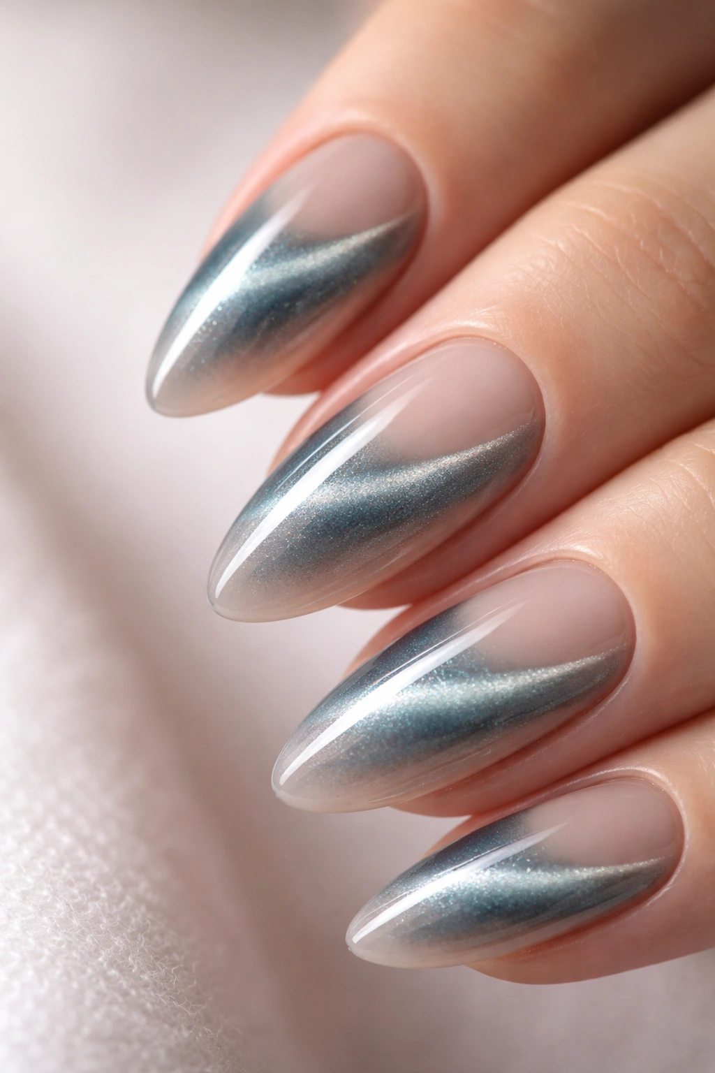 Almond nail with negative space cat eye design and bare area