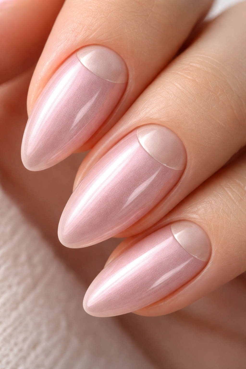 Close-up of almond nail with clear half-moon near cuticle and pink chrome