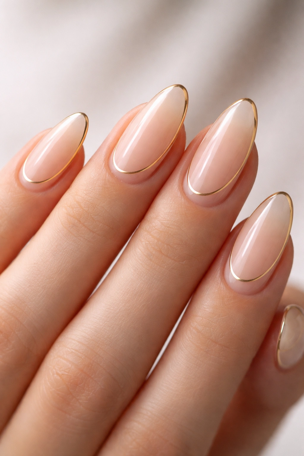 Negative-space almond nails with a floating gold line on sheer base