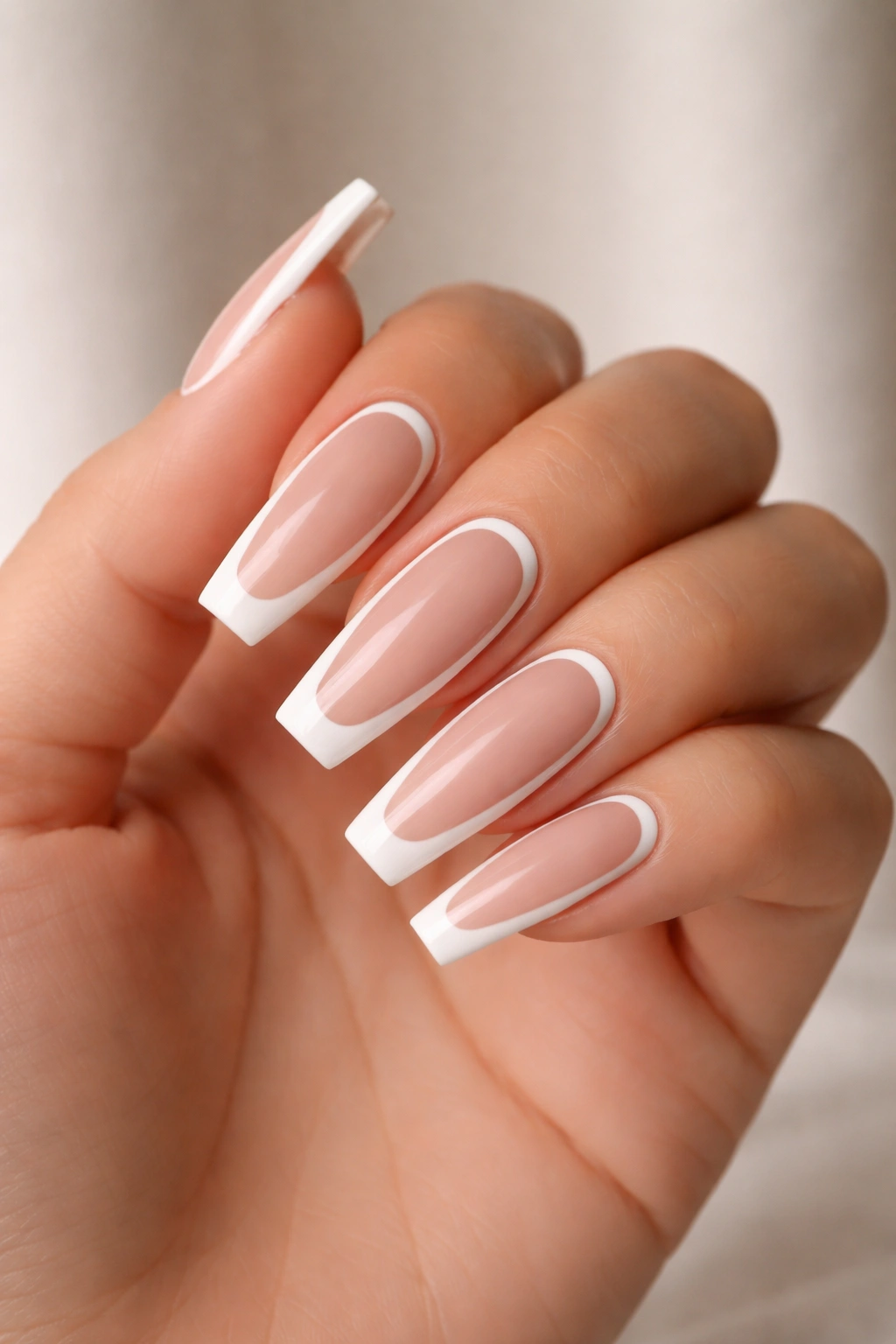 Negative-space coffin nails with white outline around nude center