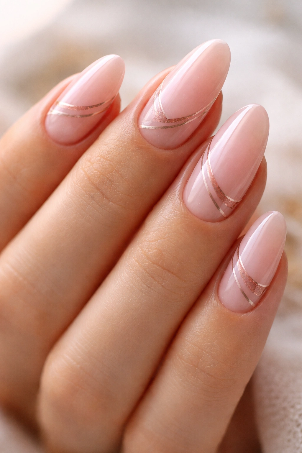 Almond nails with pink base and negative space design