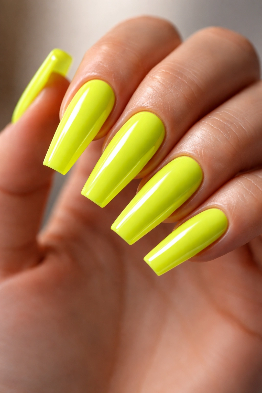 Close-up of neon coffin nails with crisp sidewalls in lime color