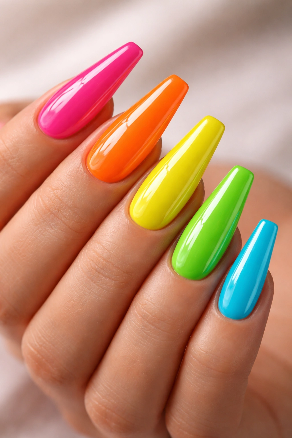 Neon coffin nails with glossy finish to stay bright between appointments