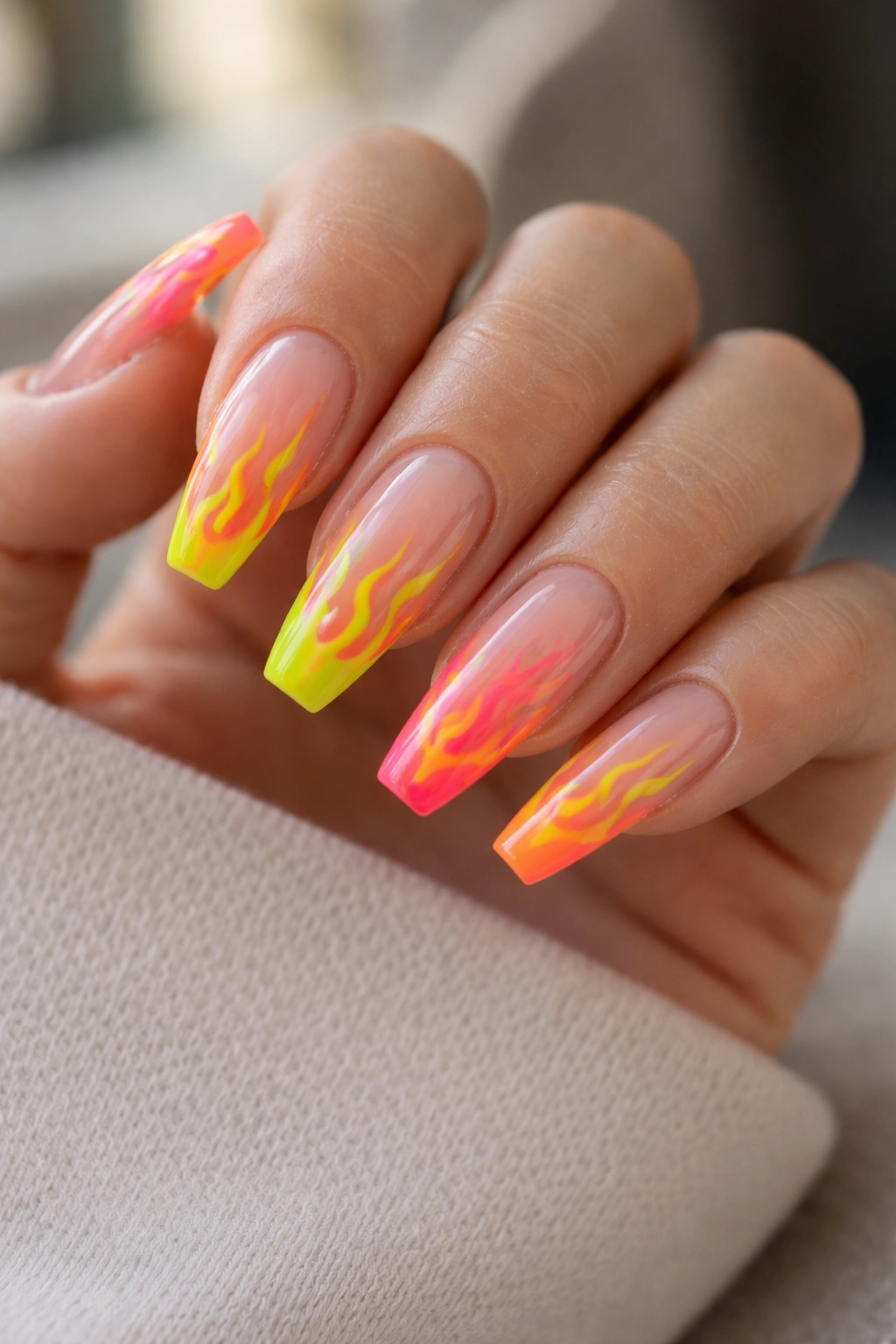Close-up of neon flame tip coffin nails with slim bright flames