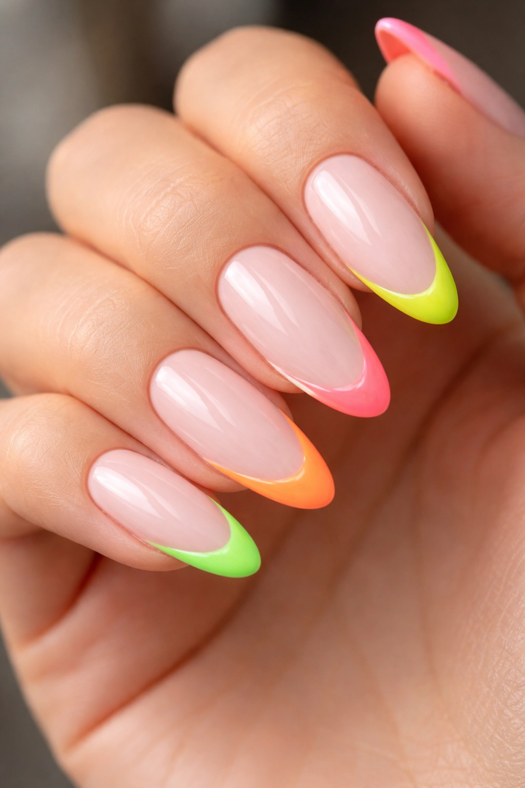 Close-up of long almond nails with neon French tips along the edge on a sheer base, glossy finish.
