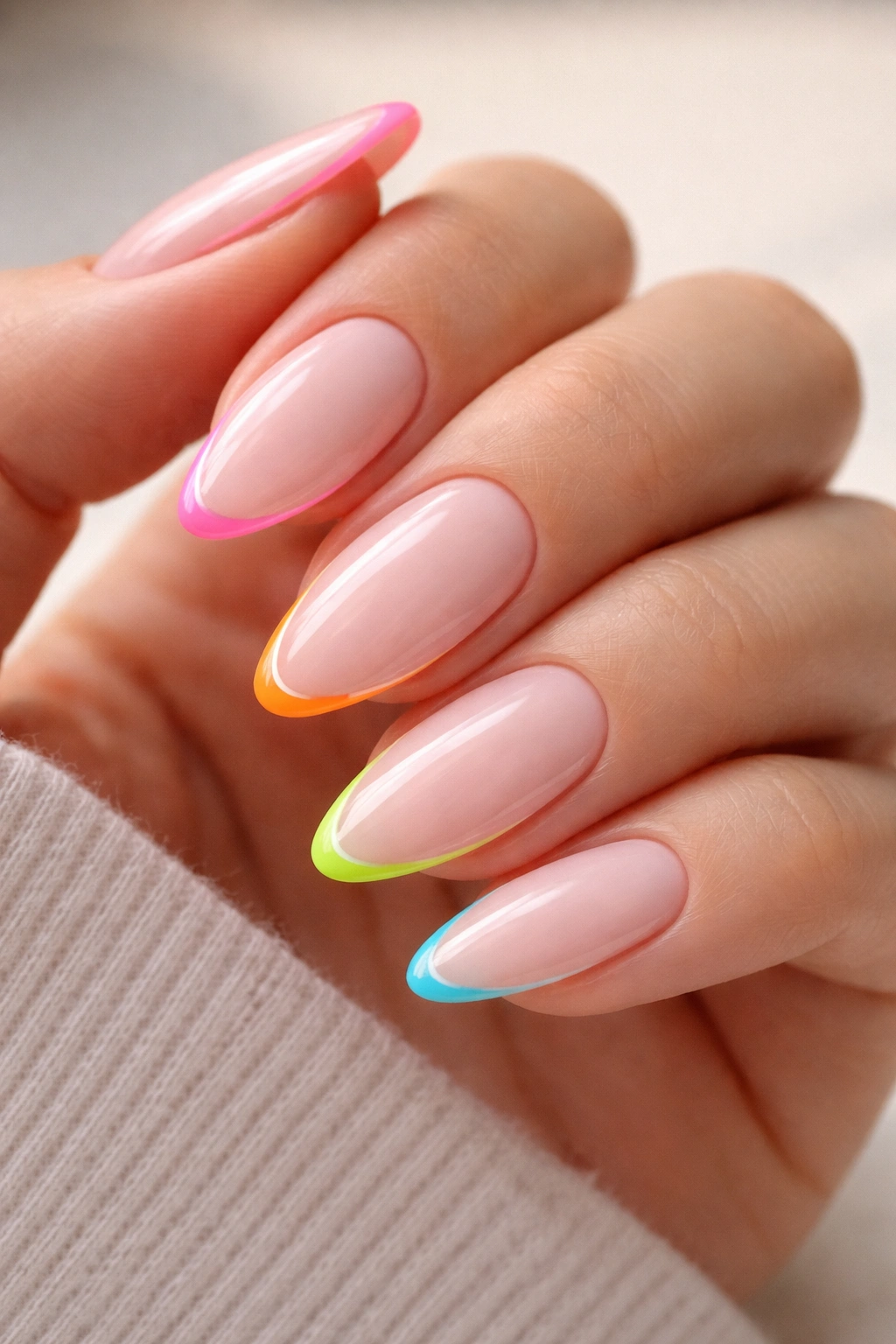 Almond nails with neon outline French manicure on nude base