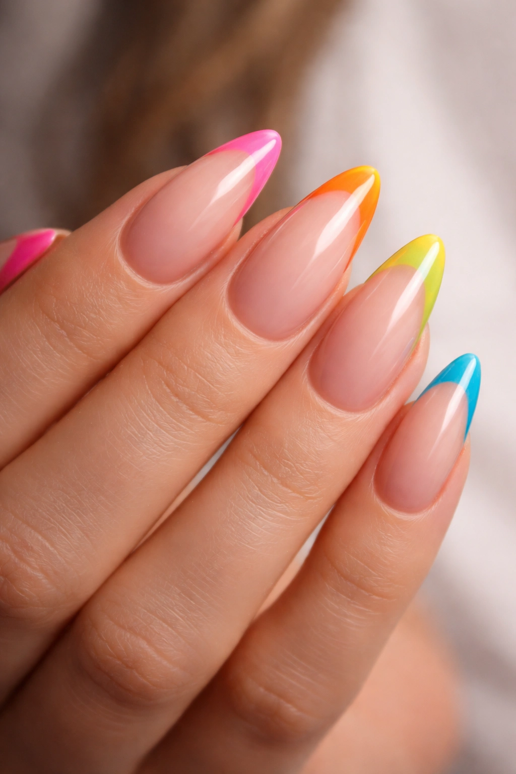 Almond nails with slim neon tips on a clean nude base