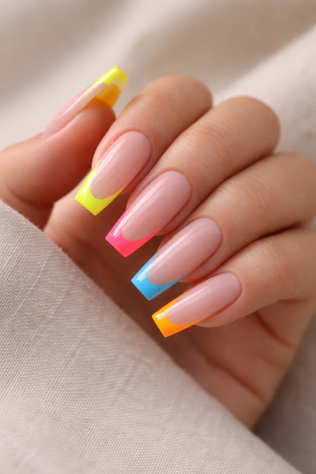 Close-up of neon French tip coffin nails on milky nude base