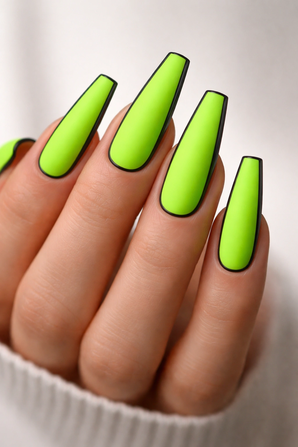 Close-up of matte neon green coffin nails with black outlines