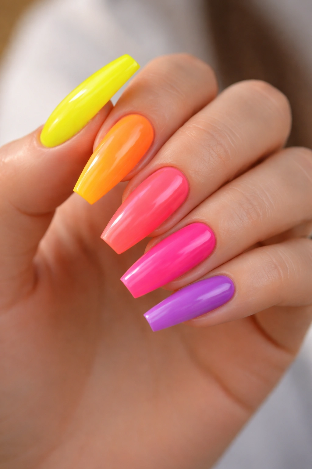 Neon skittle manicure on coffin nails with gradient across fingers