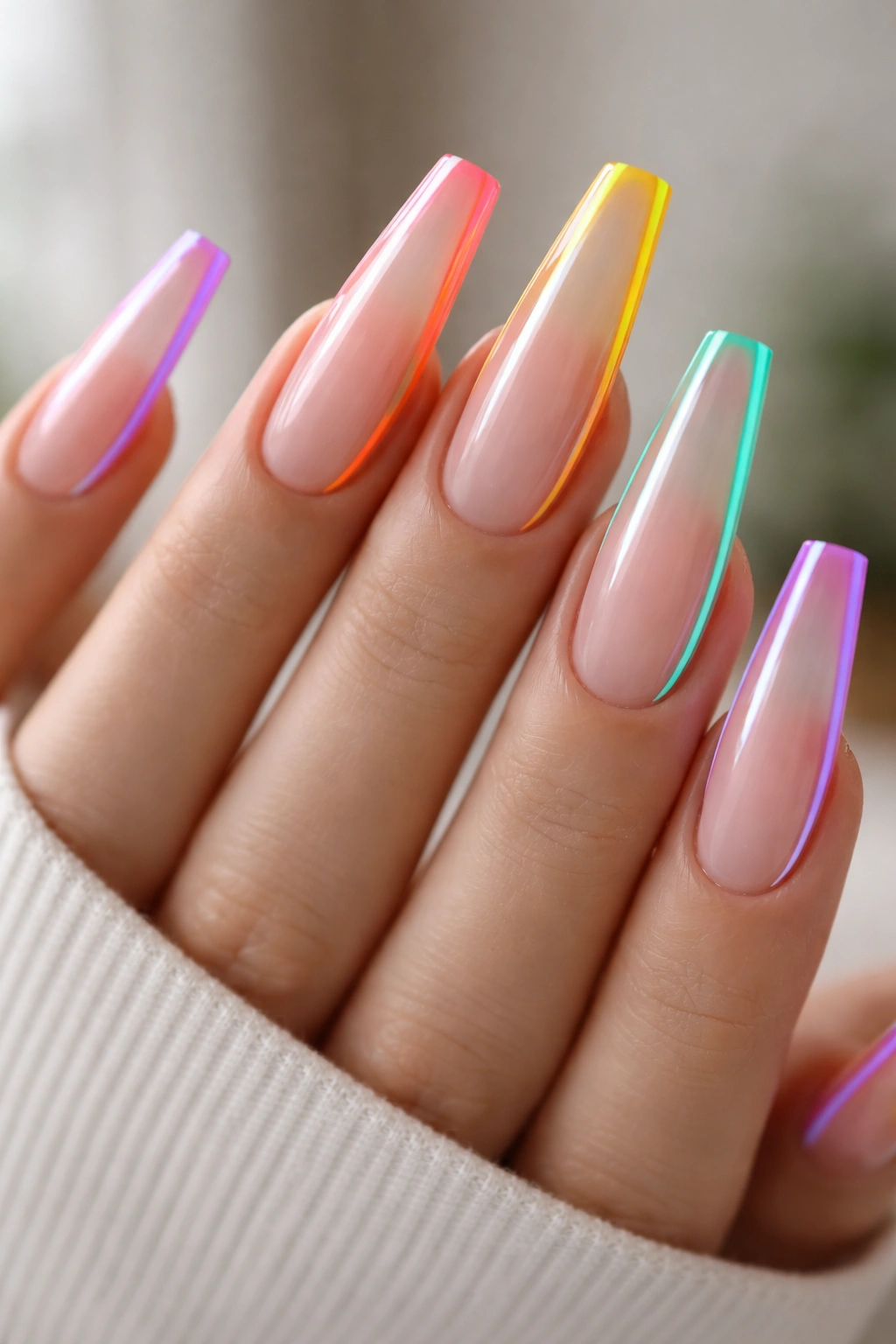 Close-up of neon outline coffin nails with bare center