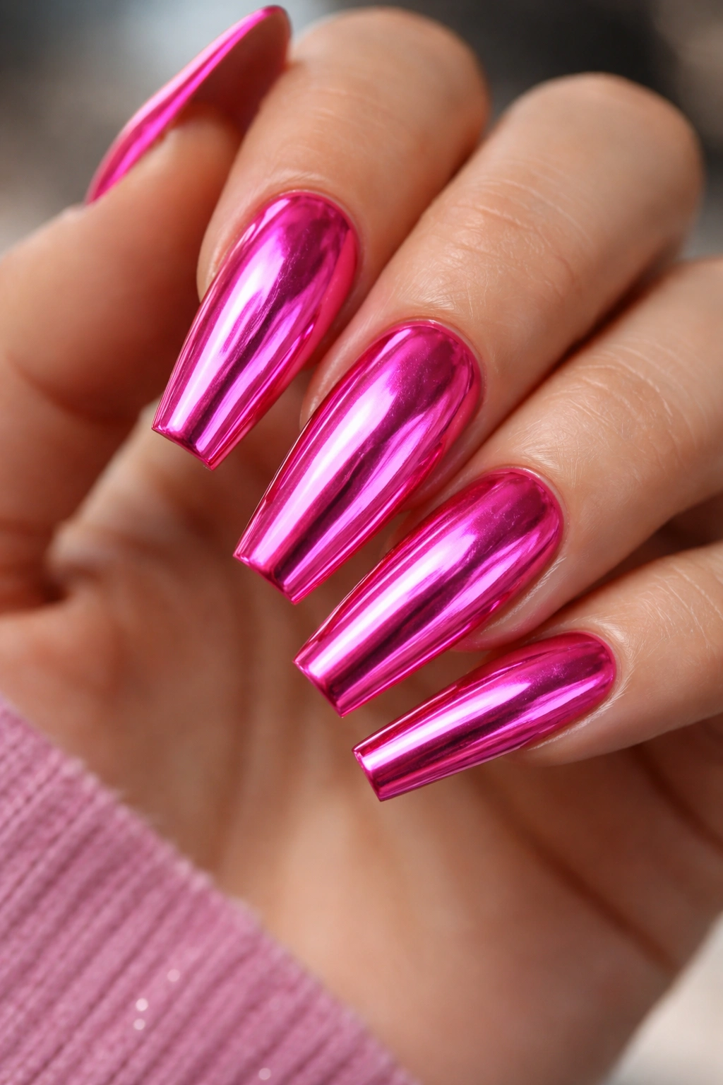Close-up of neon pink chrome coffin nails with a glossy high-gloss finish
