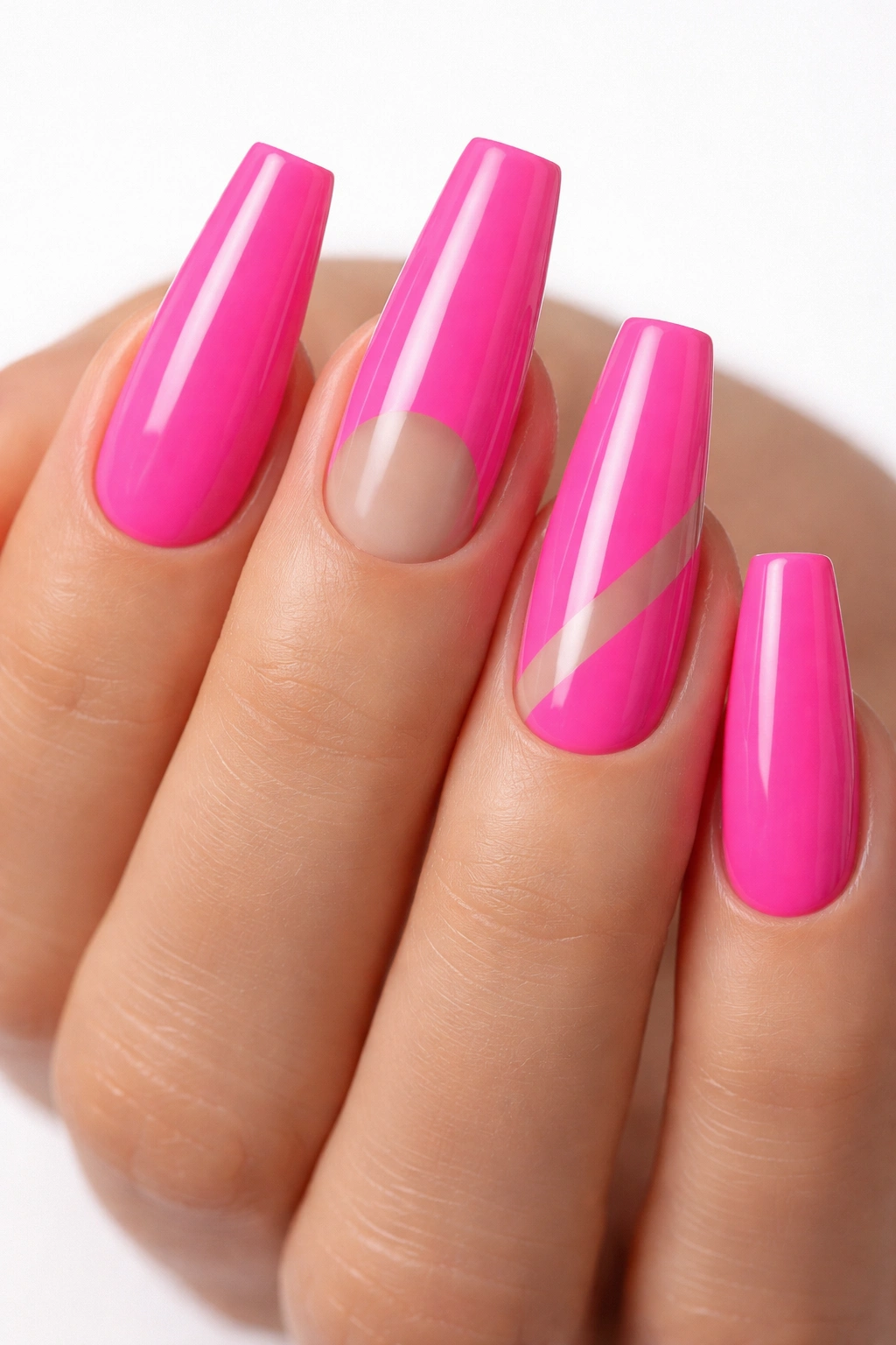 Close-up of neon pink coffin nails with negative-space design