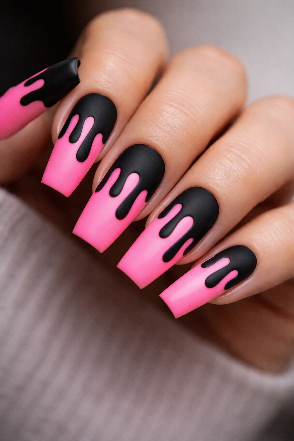 Neon pink coffin nails with matte black drip art irregular drips