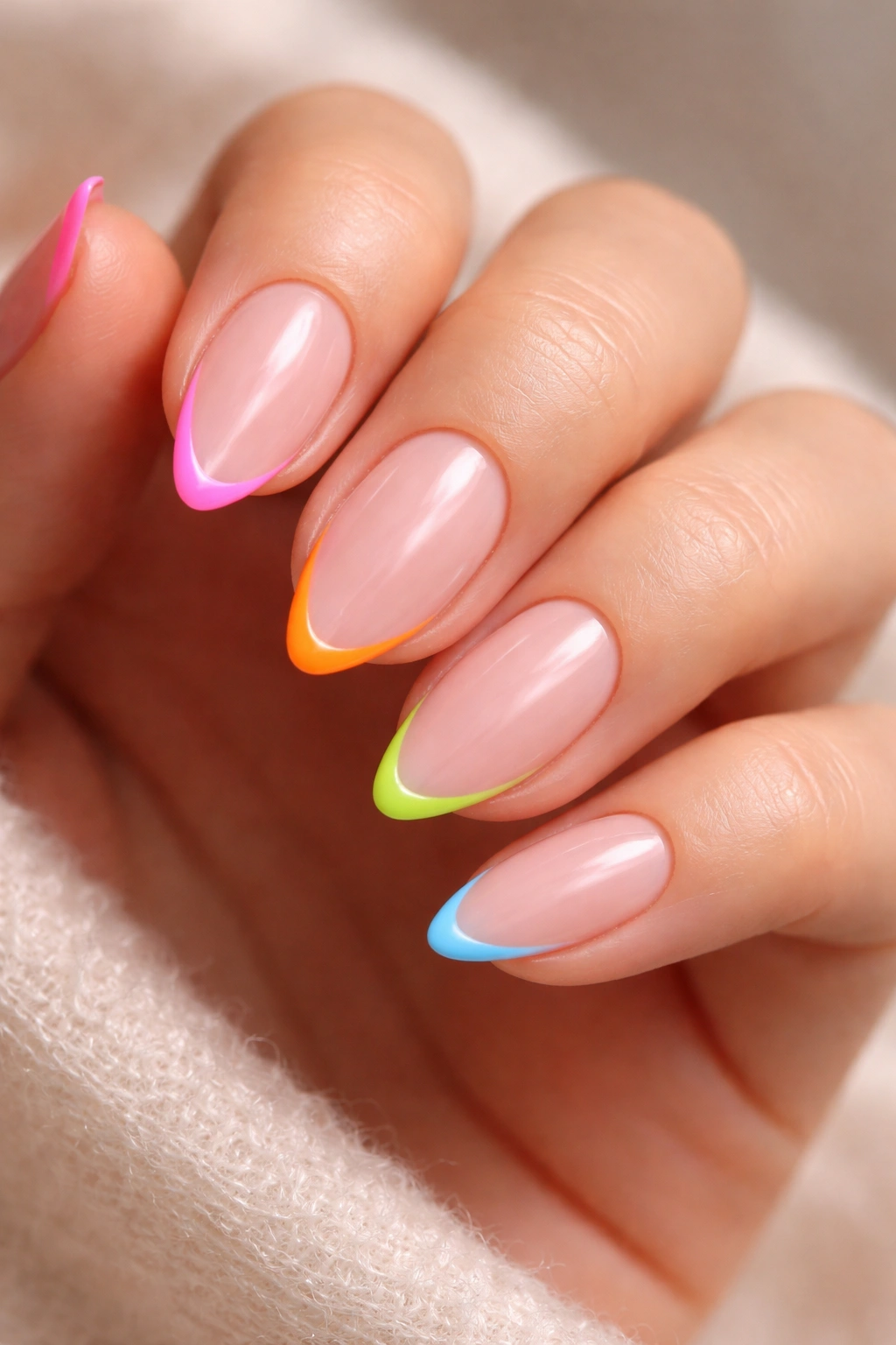 Almond nails with neon tips on a sheer base, crisp neon edge
