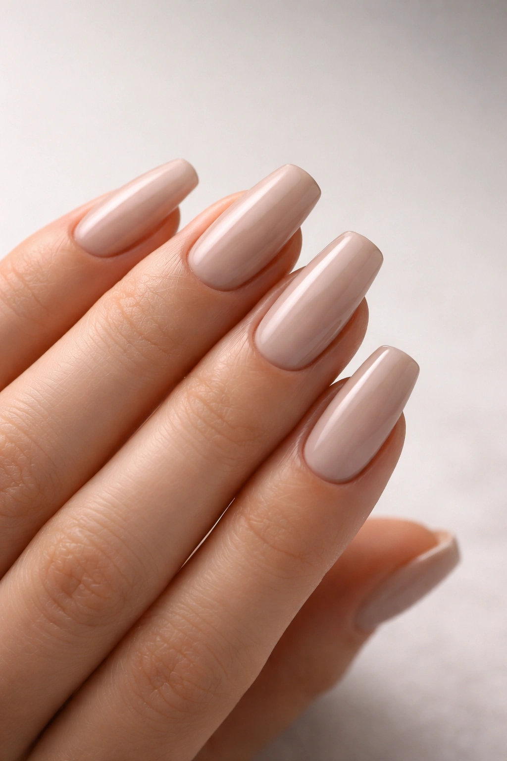 Close-up of a hand with neutral ballerina nails in nude taupe and clean cuticles