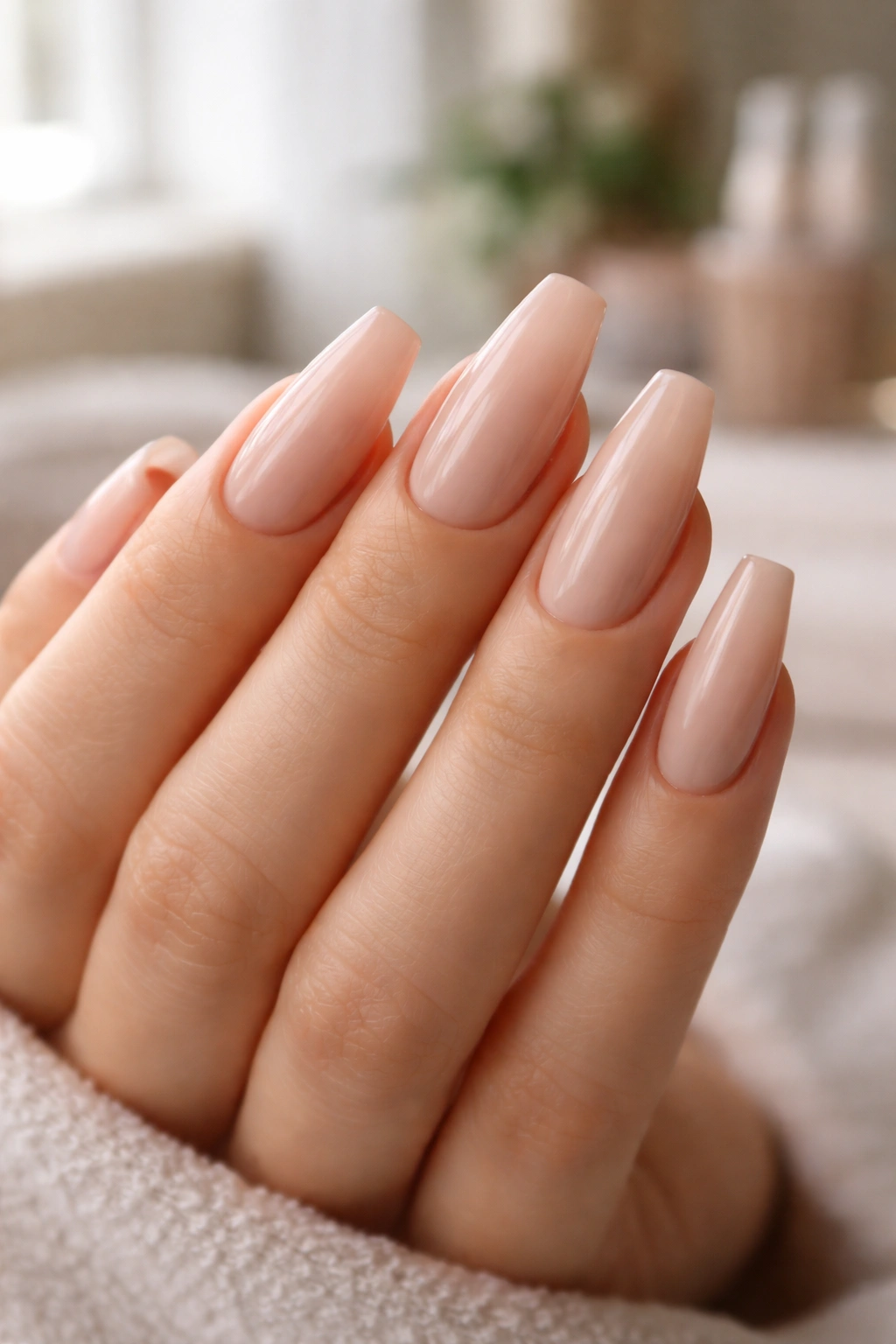 Close-up of neutral coffin nails with tapered sidewalls in beige and pink-nude tones