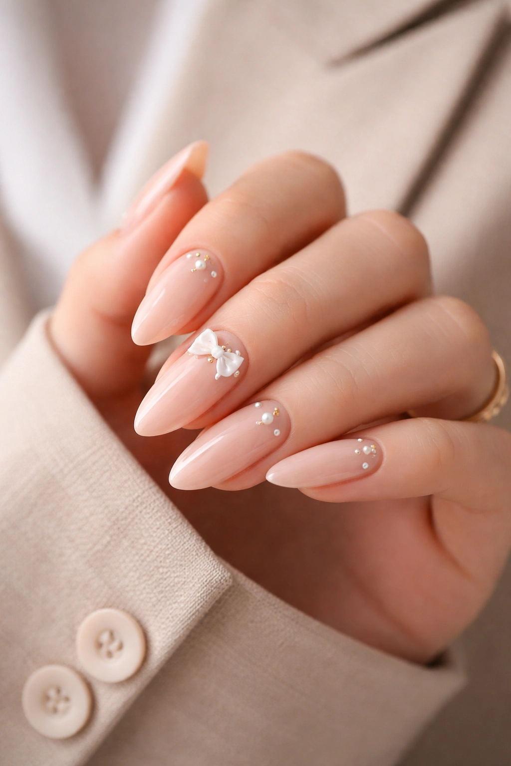 Nude almond nails with tiny pearl clusters and small bow accents