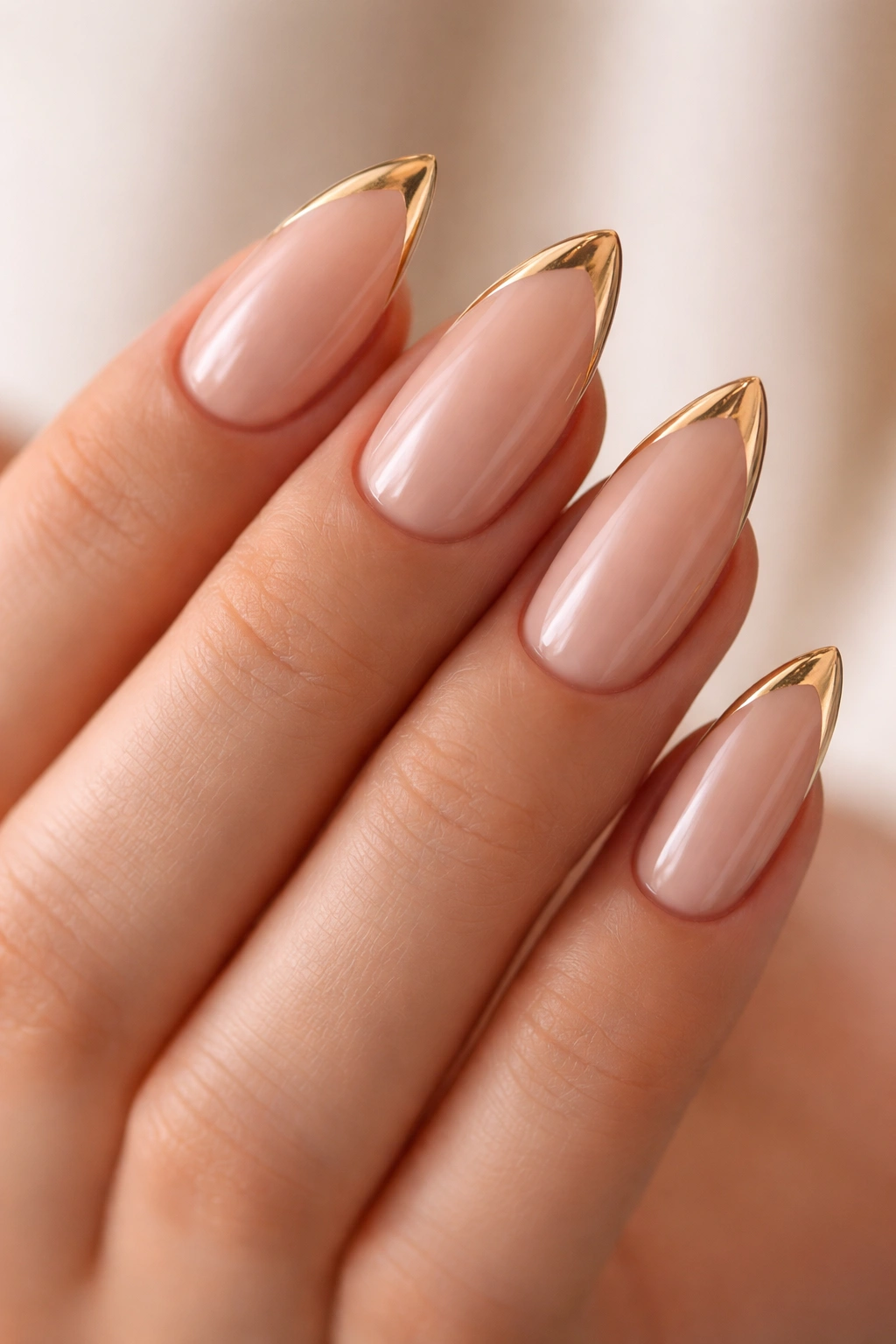 Nude almond nails with side-swept gold French tips