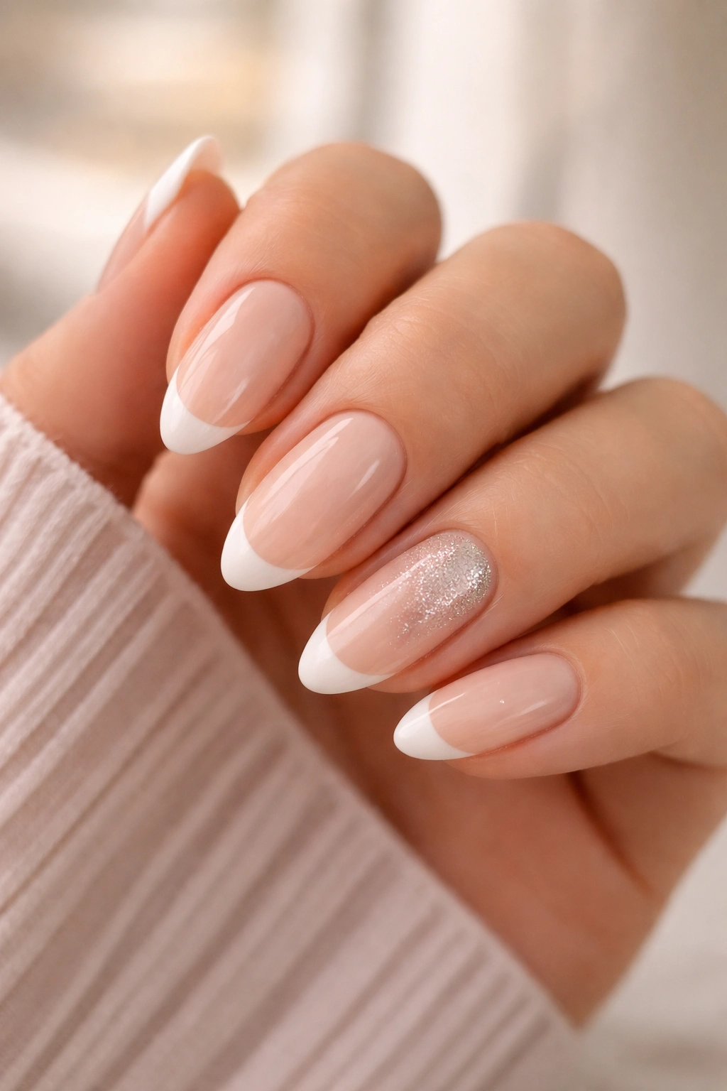 Close-up of nude almond nails with one accent glitter tip on the ring finger.