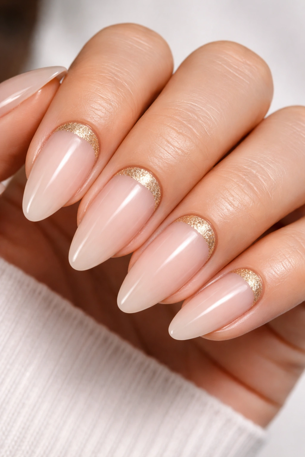 Almond nail with nude base and gold half-moon at the cuticle