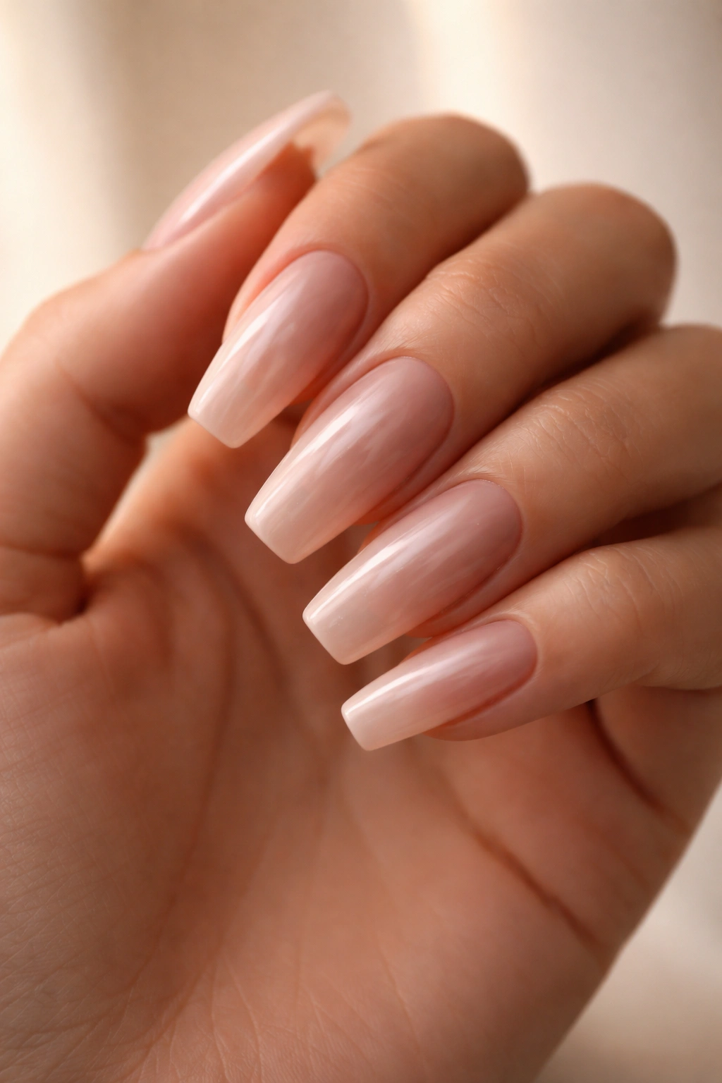 Hand with coffin nails showing nude base matching skin tone