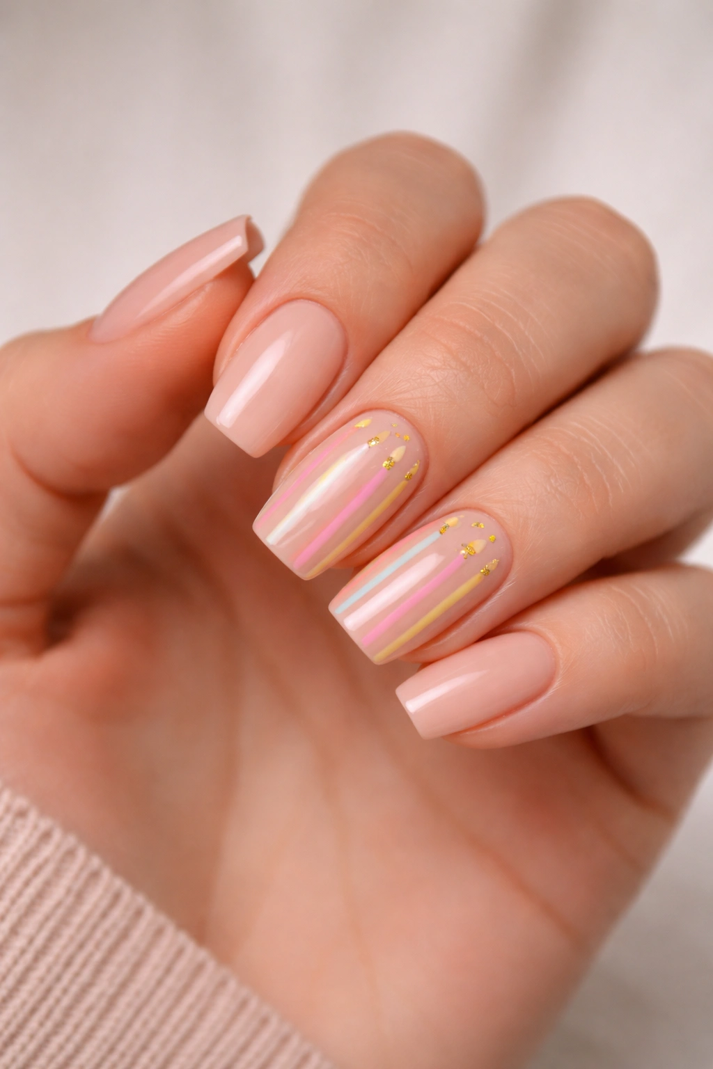 Close-up of nude-based nails with tiny vertical candle stripes on two accent nails.