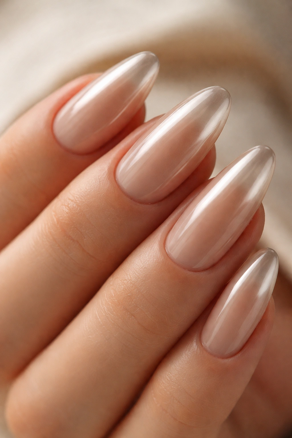 Close-up of nude chrome almond nails with beige base and champagne mirror