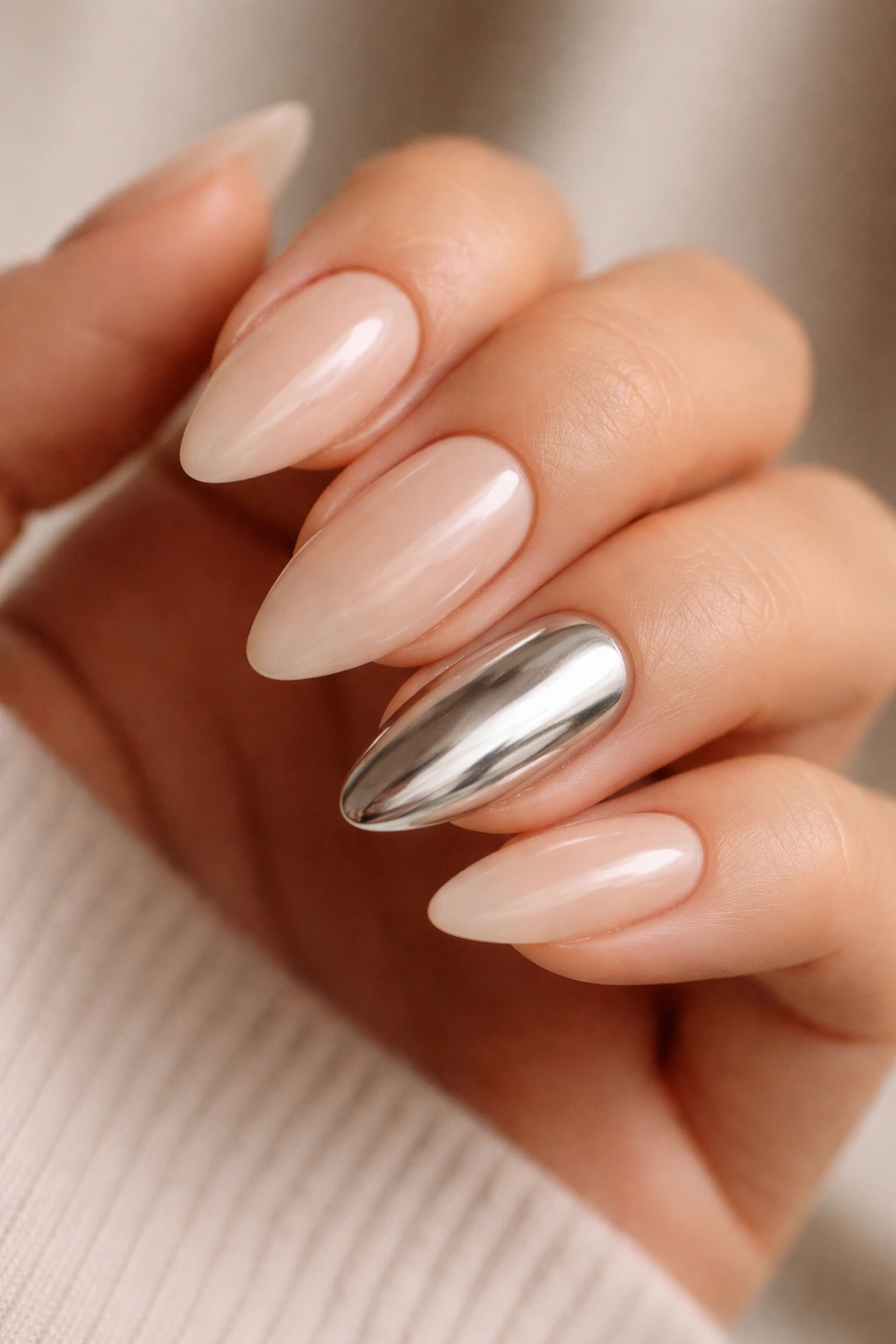Close-up of a hand with an almond nail featuring a chrome accent against nude nails