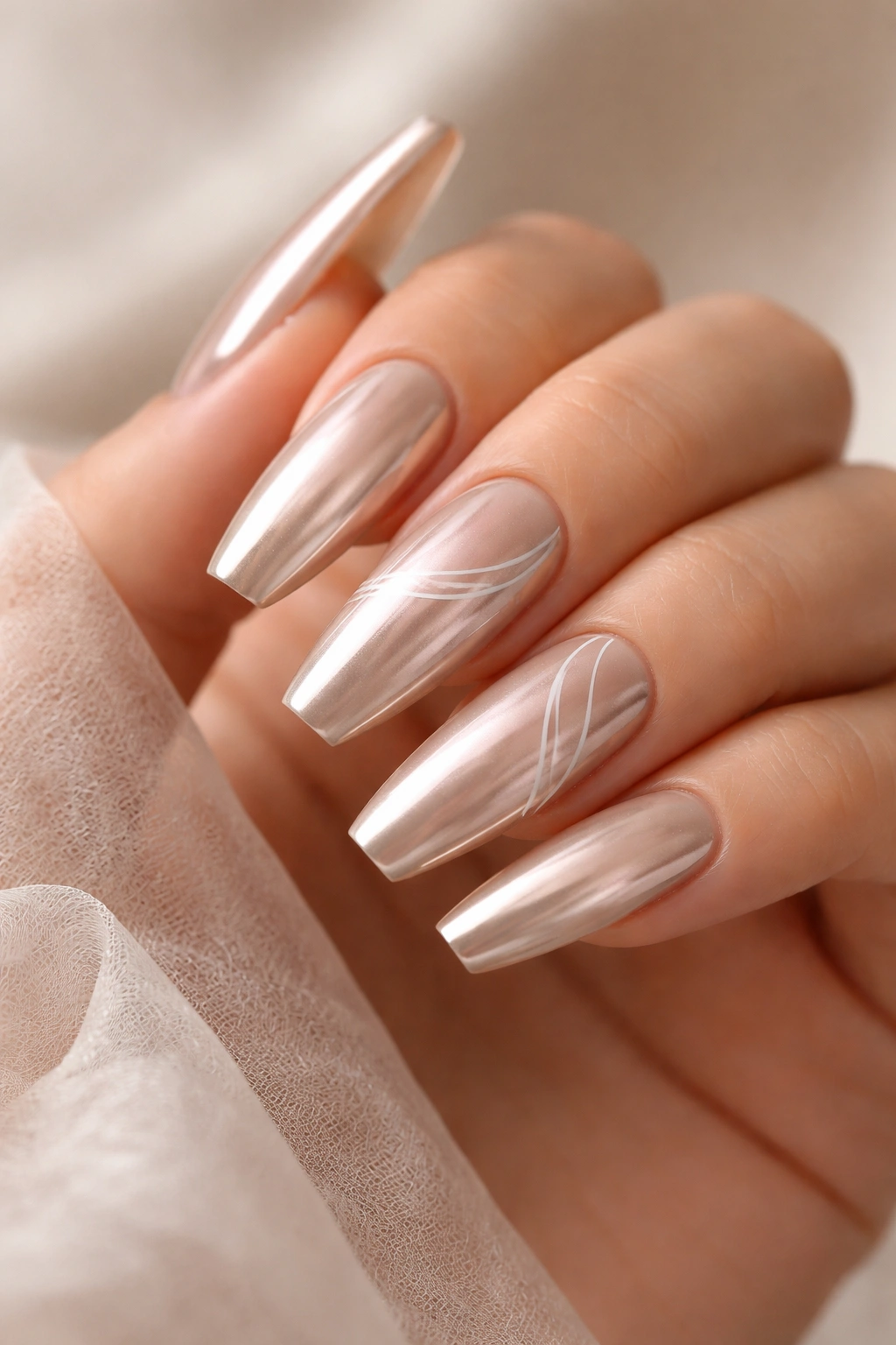 Nude chrome nails with fine white swirl accents on accent nails.