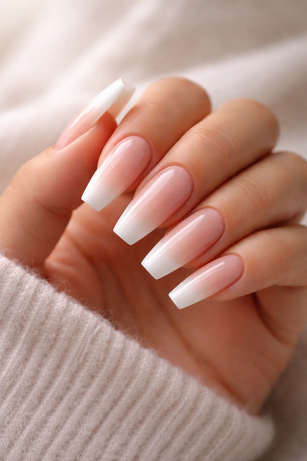 Close-up of nude coffin nails with a soft baby boomer fade
